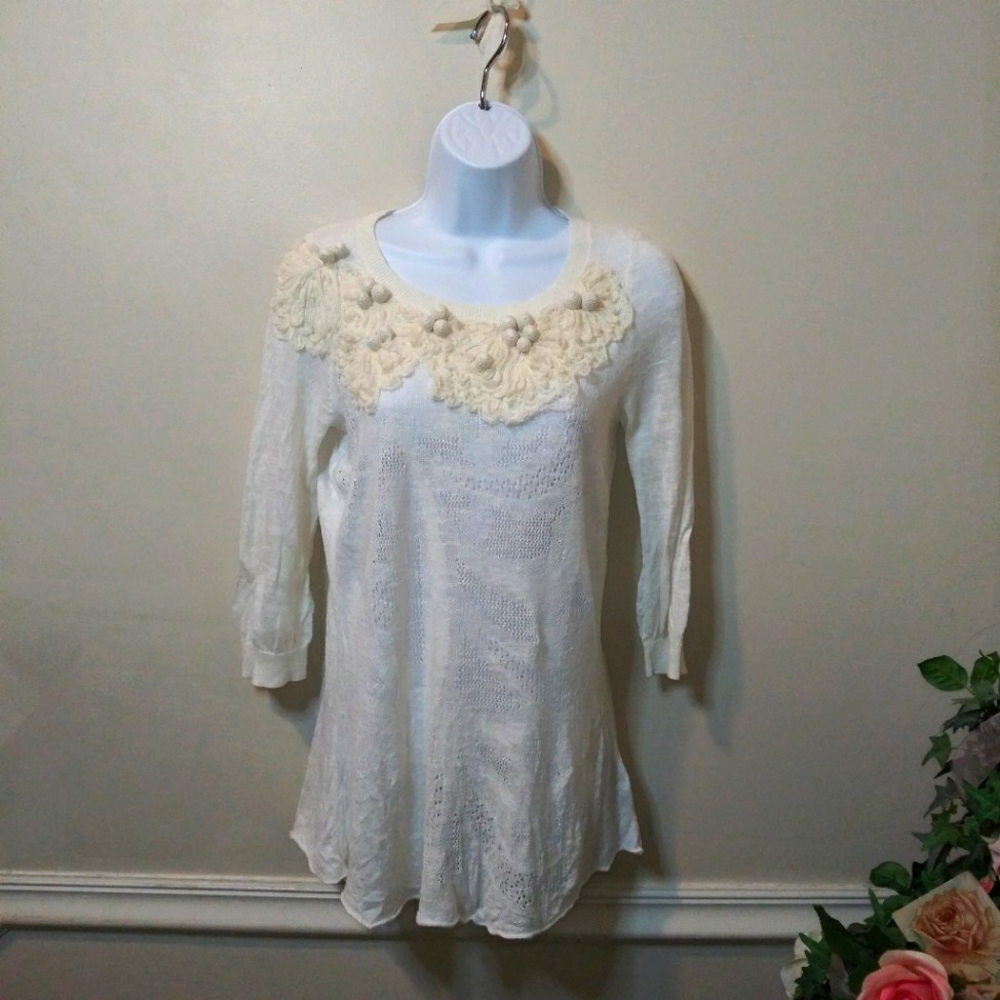 Anthropologie Floreat Ivory Cottagecore Style Crocheted Linen Blend Sweater - Picture 1 of 10